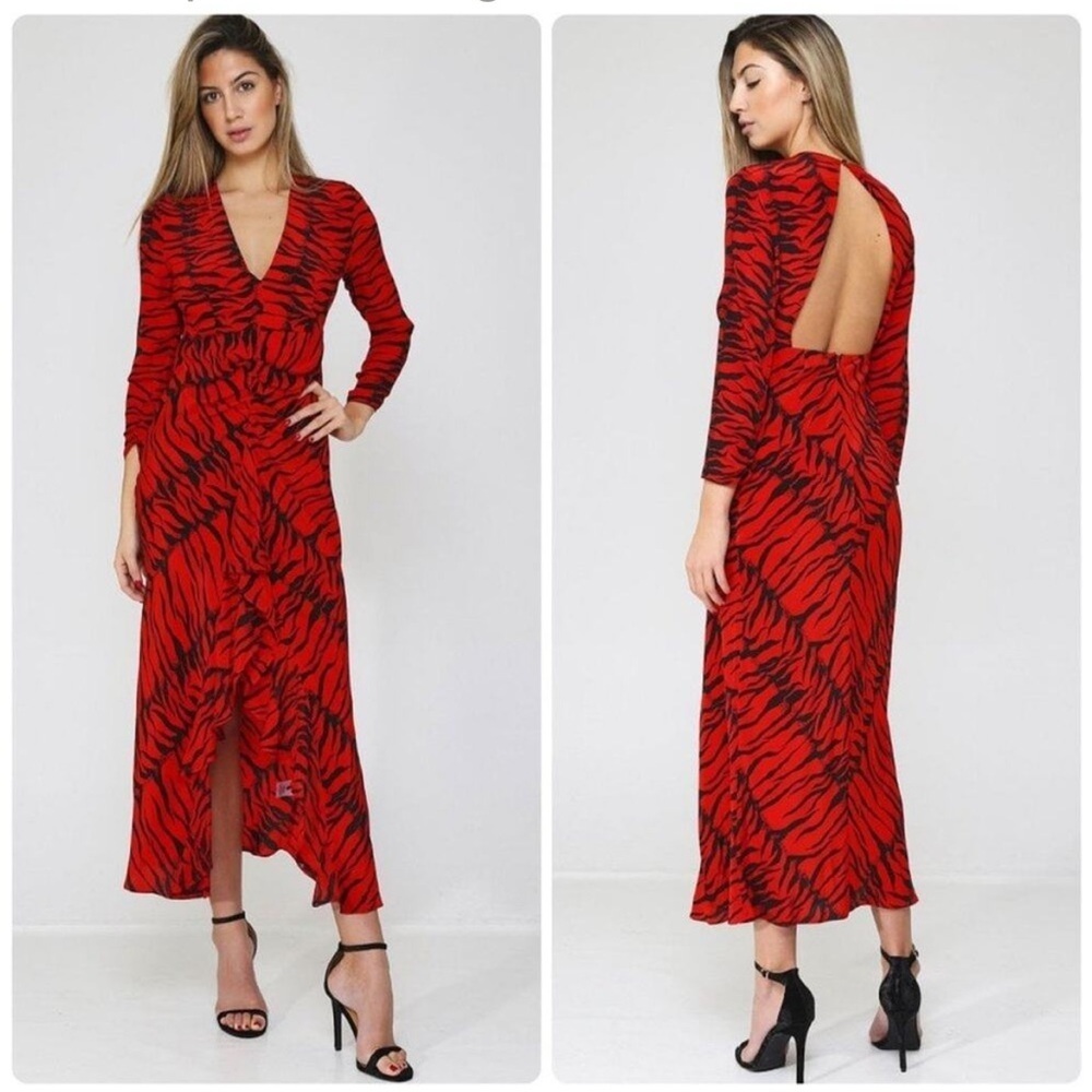 Rixo Adriana Zebra Striped Animal Print Red Black Silk Maxi Dress XS